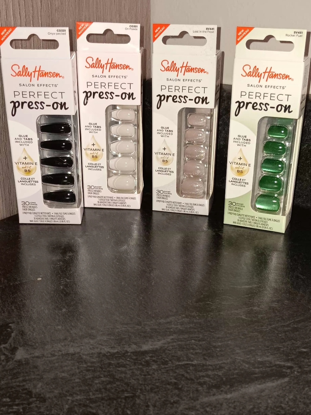 $7 4pk Sally Hansen Perfect Press-On Nails - Black, White, Nude, Green